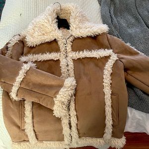 Brown faux suede TopShop jacket with fuzzy lining